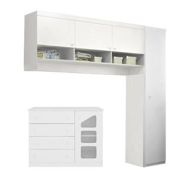 Imagem de Cômoda e Guarda Roupa Infantil Eloisa 1 Porta com Modulo Aéreo Branco 