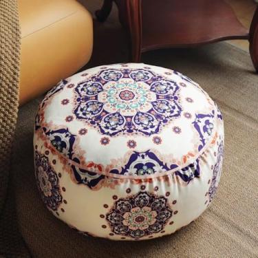 Imagem de Artbloss Capa de pufe sem enchimento otomano apoio para os pés boêmio chenille pufe de chão saco de feijão 50 x 20 cm para sala de estar, quarto, decoração de casa (azul, redondo)