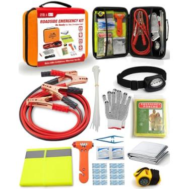 Imagem de HolaKit Kit de emergência para carro – Kit de segurança na estrada com cabos jumper, farol de LED, primeiros socorros, bolsa de EVA, poncho, colete de segurança e muito mais – ideal para carros, SUVs