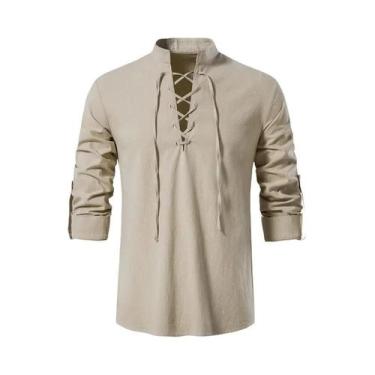 Imagem de Camisa Casual Masculina De Algodão E Linho, Camiseta De Manga Longa, C