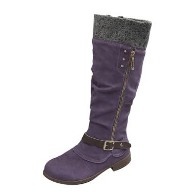 Imagem de Botas femininas modernas de couro femininas de inverno com zíper lateral, botas de salto baixo, casuais e versáteis, Roxa, 35