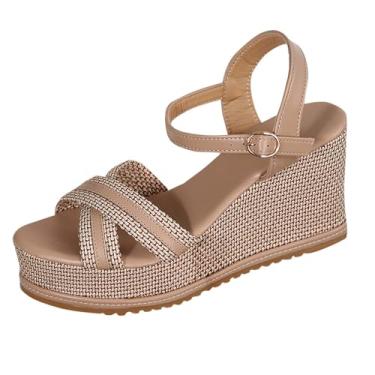 Imagem de Sandálias femininas casuais de verão com fivela e salto plataforma contrastantes tendência em cores contrastantes, Caqui, 39