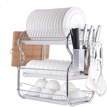 Imagem de U5GAAALPPQ9 Escorredor de pratos de 3 camadas inoxidável com dreno e copo de talheres, suprimentos de cozinha, moldura de secagem, suporte de prato