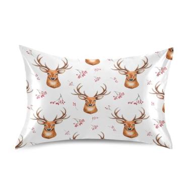 Imagem de Wassud Fronha de cetim de rena de Natal para cabelo e pele fronhas de seda lisa Queen Size Capas de travesseiro respiráveis com fecho de envelope