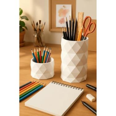 Imagem de Organizador 3D Geométrico Porta Caneta Lápis Clips e Suporte Celular para Escritório Home Office (Branco,Kit Completo)