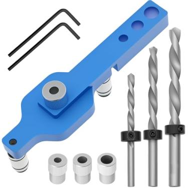 Imagem de MABCIRY Kit de gabarito de cavilha, gabarito de cavilha autocentralizante, guia de broca preciso para marcenaria, localizador de perfuração de liga de alumínio com 3 brocas para carpintaria em casa