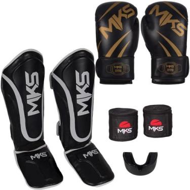 Imagem de Luva Muay Thai Champion Preta/Dourada + Caneleira Muay Thai Prospect P