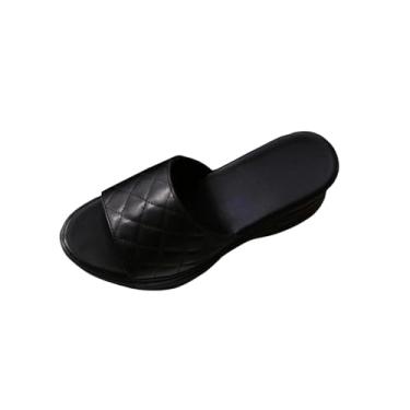 Imagem de Sandálias femininas de bico redondo de sola grossa para primavera e verão, sapatos casuais confortáveis de bico aberto com plataforma de 7 cm, Preto, 35