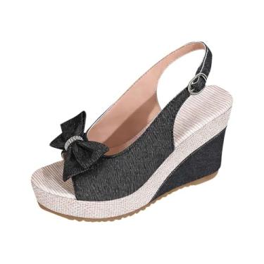 Imagem de Sandálias femininas Peep-Toe com laço de fivela, chinelos confortáveis para primavera, Preto, 35