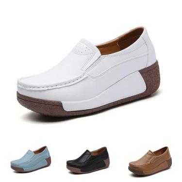 Imagem de Mocassim feminino plataforma sem cadarço moderno, leve, confortável, respirável, bico redondo, plataforma baixa, Branco, 40