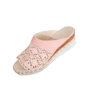 Imagem de Sandálias femininas casuais com bico de peixe, design tanga de dedo do pé, cor sólida para uso no verão, rosa, 38