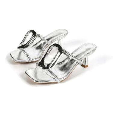 Imagem de EGEBS Sandália feminina de couro com salto alto para decoração de metal, moderna, confortável, com bico aberto, para festas de verão e encontros, Prata, 37