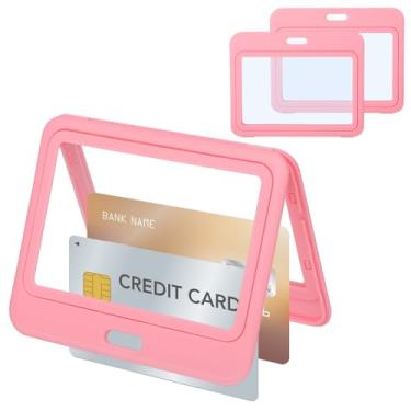 Imagem de LXUEJIE 3 porta-crachás de identificação com janela horizontal dupla face, capa protetora de plástico rígido rosa à prova d'água para cartões de crédito, cartões de crédito de proximidade, cartões de