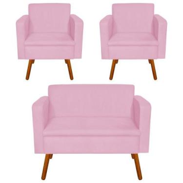 Imagem de Kit 01 Namoradeira e 02 Poltrona Emilia Suede Pés Palito Castanho D'Ro