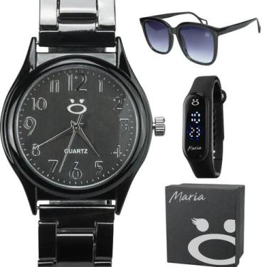 Imagem de relogio feminino aço inox preto casual + oculos sol + caixa casual ana