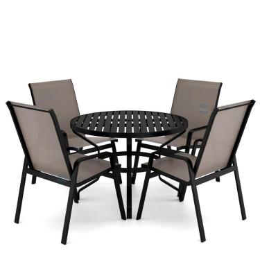 Imagem de Mesa 4 Cadeiras Ripado Piscina Alumínio Preto E Tela Fendi