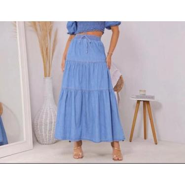 Imagem de Saia Jeans Feminina Longa 3 Marias Elastico Cos Cintura Alta - Prirre 
