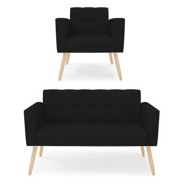 Imagem de Kit 1 Sofá Namoradeira e 1 Poltrona Elisa Linho Preto A79 Pés Palito Natural D03 - D'Rossi