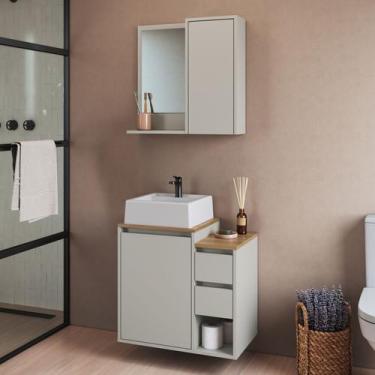 Imagem de Conjunto para Banheiro 60cm com Cuba Gabinete Suspenso e Espelheira Ba