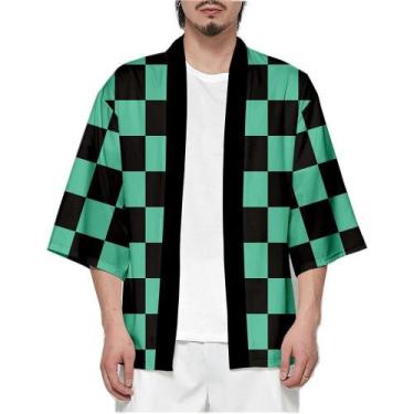 Imagem de Cardigã Kimono Xadrez Rosa, Verde E Preto Para Cosplay De Anime Femini