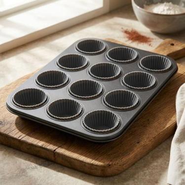 Imagem de Forma Cupcake Antiaderente 12 Forminhas Silicone Kit Assadeira Teflon 