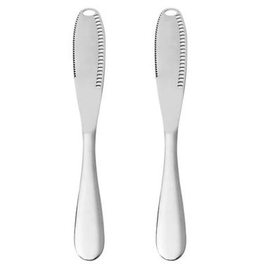 Imagem de Kit 2 Facas Espátula Inox 2 em 1 Manteiga Requeijão Pão Corte Serrinha