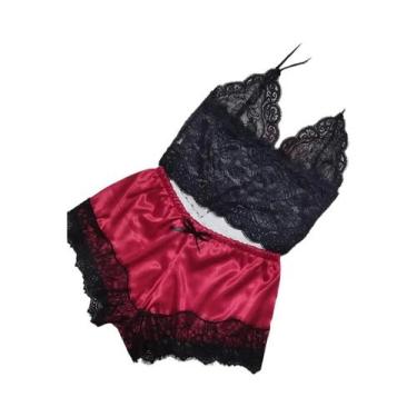 Imagem de Conjunto De Pijamas Sexy De Renda E Seda Para Mulheres, Top Cropped E 