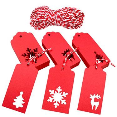 Imagem de Etiquetas de Natal, etiquetas de embrulho de , etiquetas vermelhas de rena de flocos de neve de árvore de Natal, etiquetas de papel vermelho com cordão vermelho e branco, 150 peças