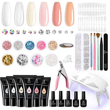 Imagem de Beetles Kit de unhas de gel de extensão de poliéster, 6 gel natural de 30 g com mini lâmpada de unha, solução deslizante, escova de arte para unhas com glitter, kit tudo em um, para manicure de unhas, presente para o dia das mães