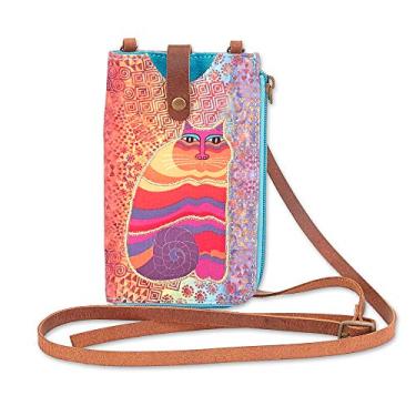 Imagem de Bolsa feminina para celular transversal Laurel Burch – Bolsa feminina de lona de algodão multicolorida com pulseira ajustável de couro genuíno, C. Cat Orange/Turquoise, Medium