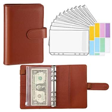 Imagem de A5 A6 Pasta de couro PU sistema de carteira de envelope de dinheiro com envelope de orçamento bolso de pasta para orçamento, marrom, A6