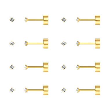 Imagem de FOSIR 8 pares de brincos minúsculos de costas planas para mulheres e homens, banhado a ouro 14K, aço inoxidável cirúrgico, hipoalergênico, zircônia cúbica, cartilagem, brincos de cartilagem de 2 mm, 3