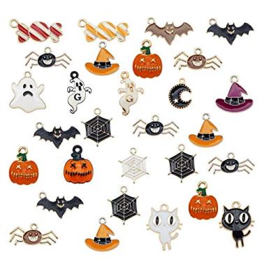 Imagem de 54 peças de pingentes esmaltados de Halloween abóbora doce fantasma morcego aranha pingentes para feriado joias fazer decoração DIY encontrar acessórios