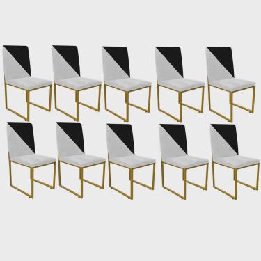 Imagem de Kit 10 Cadeira Office Stan Duo Sala de Jantar Industrial Ferro Dourado Sintético Branco e Preto - Ahazzo Móveis