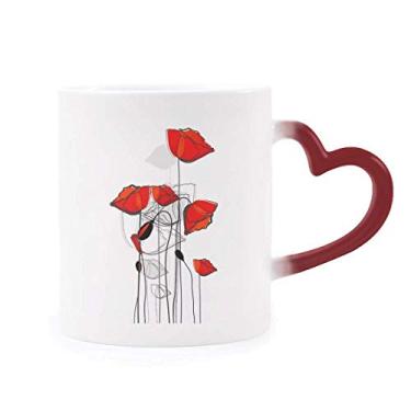 Imagem de Caneca vermelha de flor abstrata arte linha pintura milho sensível ao calor caneca vermelha muda de cor grés copo