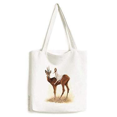 Imagem de Girl Deer Animal Art Deco Gift Fashion Tote Bolsa de compras Bolsa casual Bolsa de compras