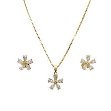 Imagem de Kit Colar 45cm e Brinco Folheado a Ouro Flor Cravejada Zircônia - Semijoia de Luxo