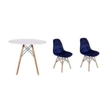 Imagem de Kit Mesa Jantar Eiffel 120cm Branca + 02 Cadeiras Botonê Veludo - Azul