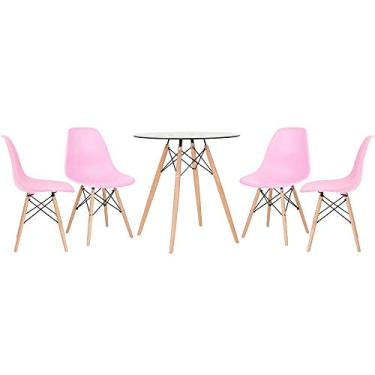 Imagem de Loft7, Mesa redonda Eames com tampo de vidro 70 cm + 4 cadeiras Eiffel DSW Rosa claro