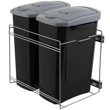 Imagem de Lixeira Dupla de Cozinha 15L Deslizante Preta Masutti Corrediças Embutir Armário
