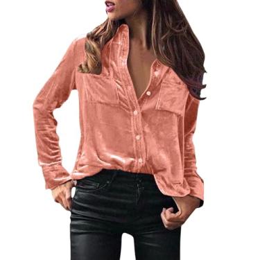 Imagem de Camisetas femininas de manga comprida blusa de veludo dourado blusa de botão vintage gola V lapela gola tops camisa com bolso, E - laranja, GG