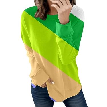 Imagem de Moletom leve para mulheres túnica oversized top patchwork pulôver de manga comprida Estampado Meninas adolescentes Imprimir Na cores Versátil feminino Emenda de bloco de cores F34-Verde X-Large