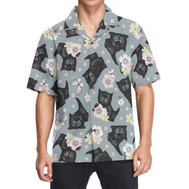 Imagem de Camisas havaianas masculinas manga curta ajuste solto com botões camisa casual Aloha Beach Shirt, Gato preto com flores e borboletas, M