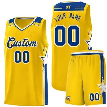 Imagem de Camiseta de basquete personalizada com logotipo de número de nome, regata e shorts estampados personalizados para homens mulheres jovens, 12. amarelo/azul, One Size