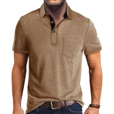 Imagem de Camisas polo casuais masculinas clássicas botão básico manga curta cor sólida camisetas de algodão elegantes tops, Cáqui - ss, G