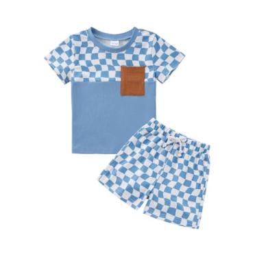 Imagem de Usaibhir Roupas para bebês meninos, roupas de verão, patchwork, xadrez, camiseta e shorts para meninos 1t 2t 3t 4t 5t, Xadrez azul, 4-5 T