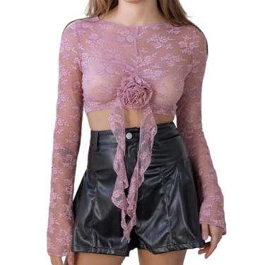 Imagem de Camisetas femininas de renda slim transparente 3D rosa renda flor bordado mostrando umbigo manga longa camisas para clube de festa, Roxo claro, P