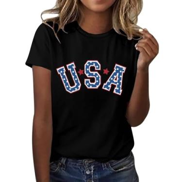 Imagem de Duobla Camisetas femininas de verão 2024 na moda 4 de julho camisetas com estampa de laço de cereja com coração fofo camiseta com letras engraçadas roupas modernas, A-2 - Preto, XXG
