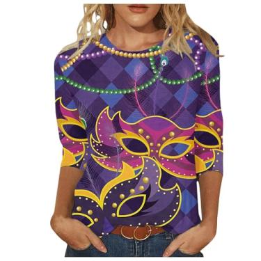 Imagem de Camisetas femininas de Mardi Gras 2024, manga 3/4, casual, estampada, blusas elegantes, folgadas, para o carnaval, A25#roxo, P