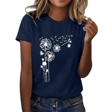 Imagem de Camiseta feminina com estampa de flor de dente-de-leão manga curta gola redonda moderna top leve feminino ombro vazado, Azul marino, XXG